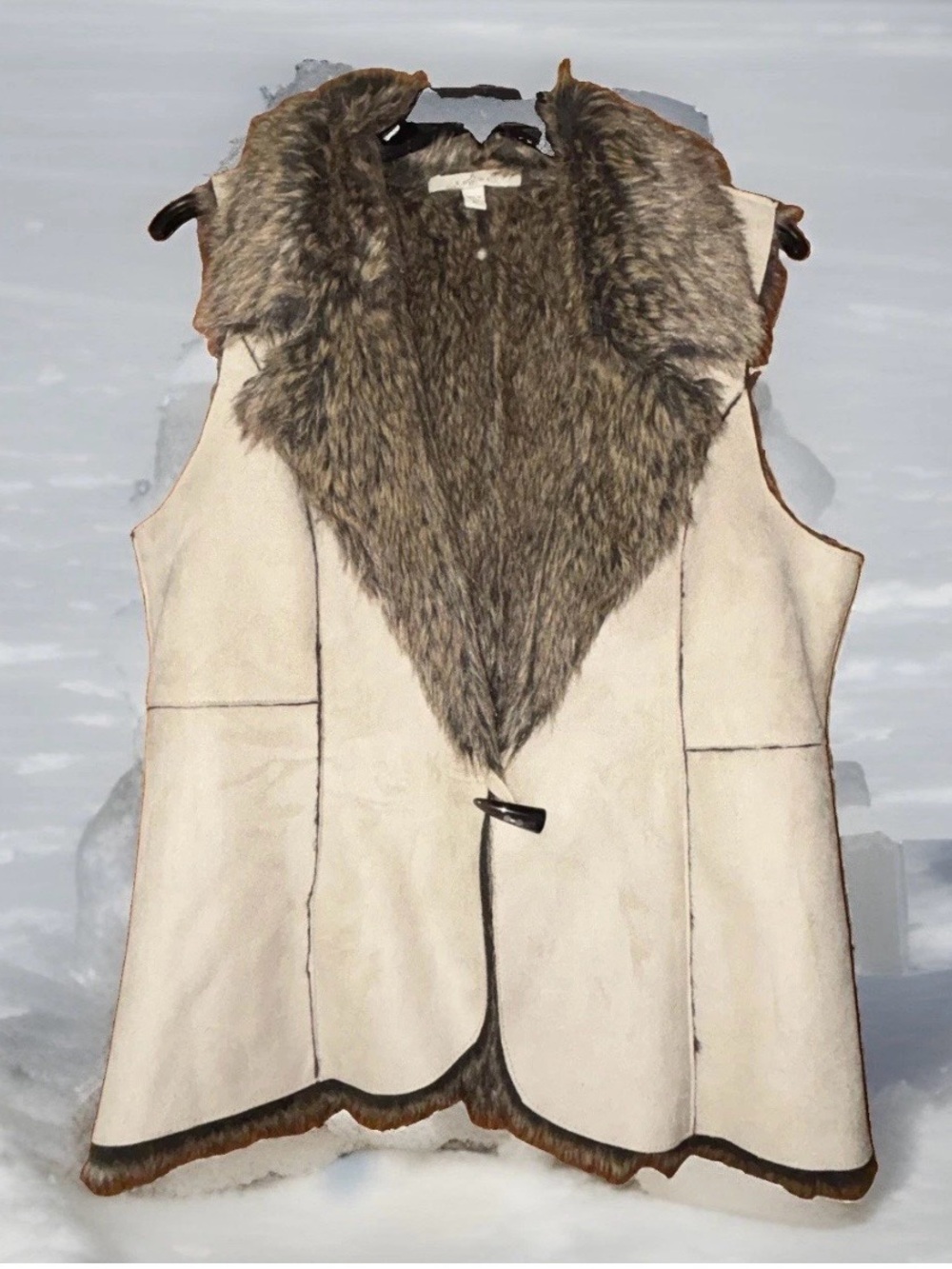 Fever Y2K Cream Faux-Suede Vest with Brown Faux-Fur Trim SzXL
